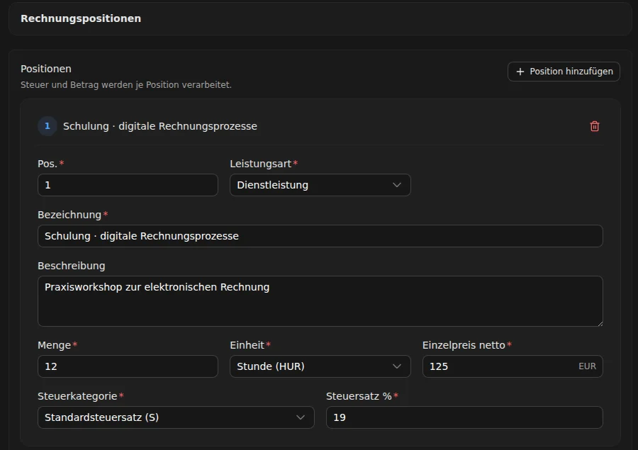 Detail der aktuellen Positionsbearbeitung mit Leistungsart, Beschreibung, zwölf Stunden und Einzelpreis 125 Euro.