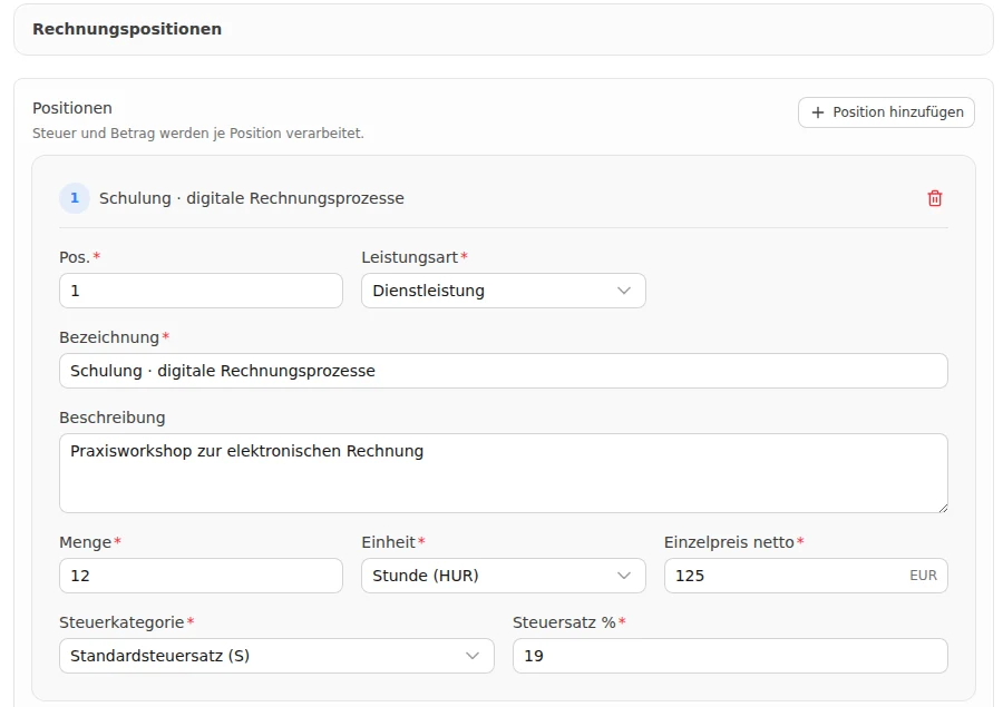 Detail der aktuellen Positionsbearbeitung mit Leistungsart, Beschreibung, zwölf Stunden und Einzelpreis 125 Euro.