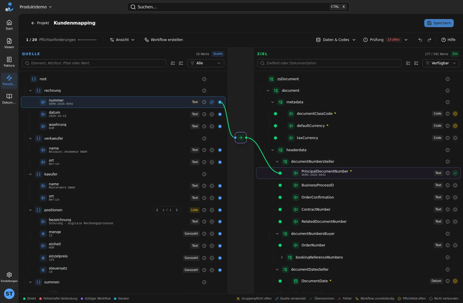 Mapping-Editor mit JSON-Quelldaten und einer sichtbaren Verbindung zwischen Rechnungsnummer und Dokumentnummer.