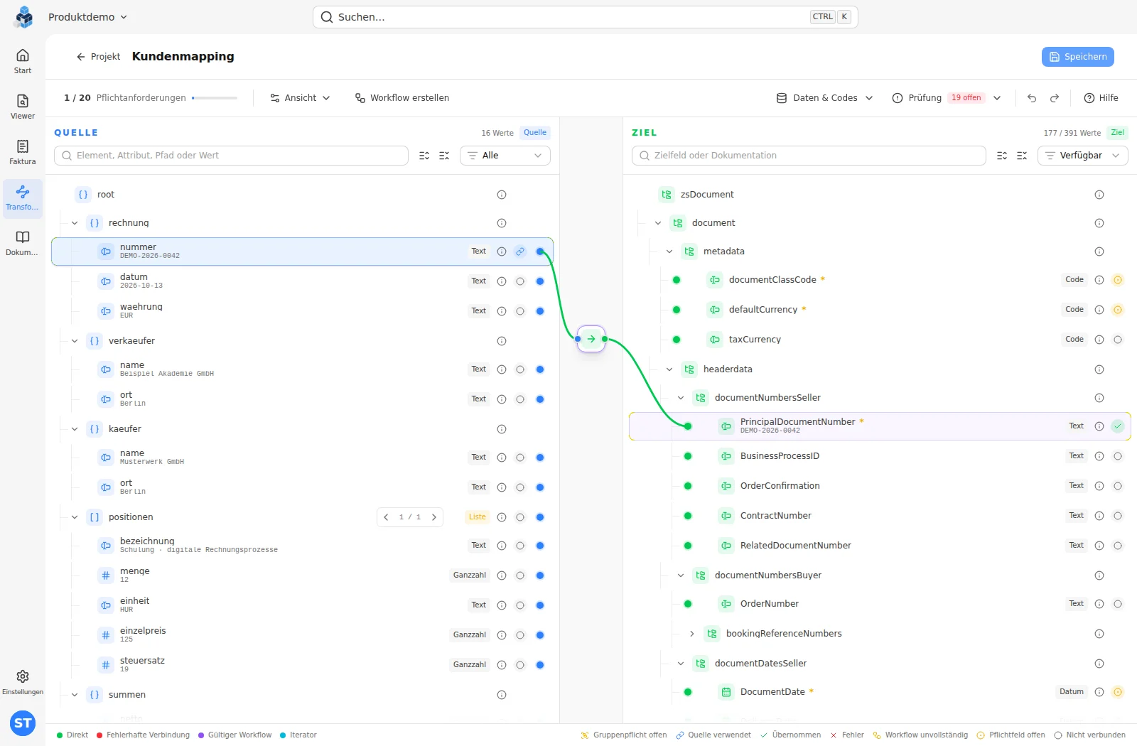Mapping-Editor mit JSON-Quelldaten und einer sichtbaren Verbindung zwischen Rechnungsnummer und Dokumentnummer.