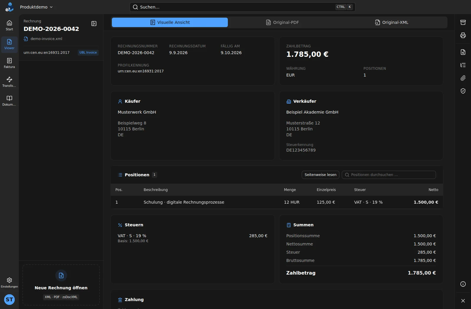 Aktueller ZS EDoc Center Viewer mit einer Schulungsrechnung, Geschäftspartnern, Position und Zahlbetrag von 1.785 Euro.