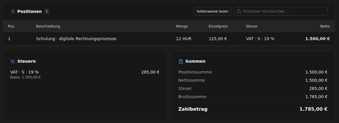Steueraufschlüsselung und Summen: 1.500 Euro netto, 285 Euro Umsatzsteuer, 1.785 Euro Zahlbetrag.