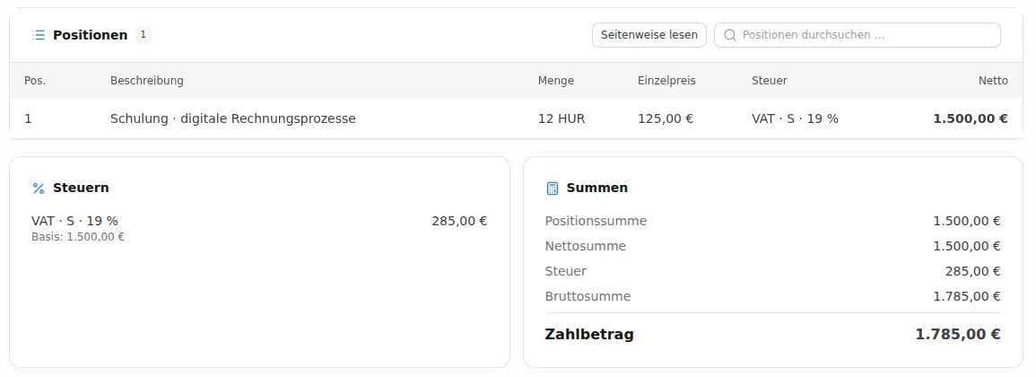 Steueraufschlüsselung und Summen: 1.500 Euro netto, 285 Euro Umsatzsteuer, 1.785 Euro Zahlbetrag.