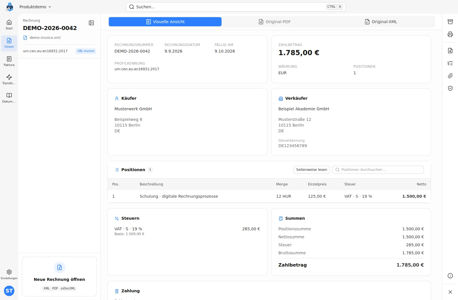 Aktueller ZS EDoc Center Viewer mit einer Schulungsrechnung, Geschäftspartnern, Position und Zahlbetrag von 1.785 Euro.